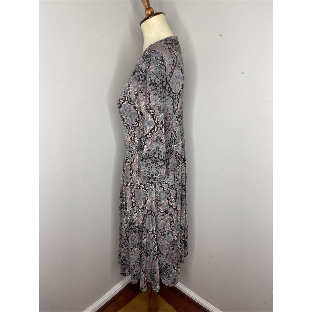 Peruvian Connection Gray Blue Pink 3/4 Sleeve v-neck Dress lightweight travel M - Picture 4 of 11